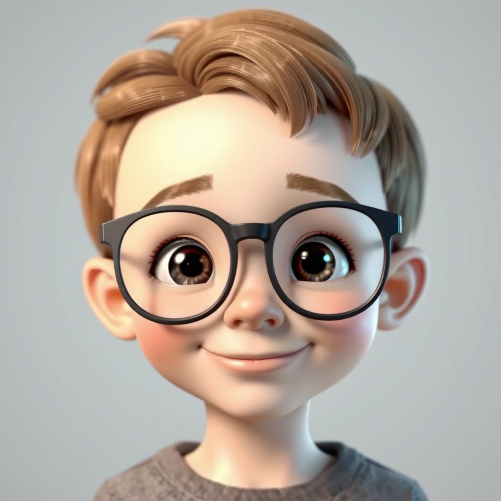 A 3D illustration of a young boy with very short hair, approximately 1 cm in length, wearing glasses