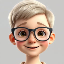 A 3D illustration of a young boy with very short hair, approximately 1 cm in length, wearing glasses