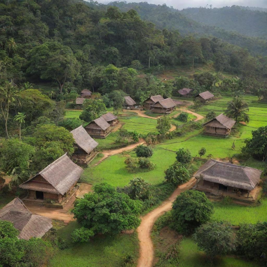 A realistic depiction of the beautiful Sri Lankan village of Sri Valli Pura, complete with its traditional houses, lush green landscapes, local inhabitants, and the unique charm of daily village life.