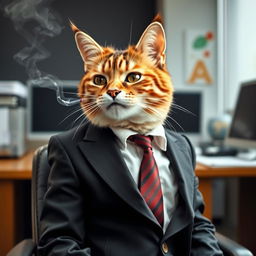 A cat dressed in a suit, exuding a stylish and sophisticated charm, is smoking in an office setting