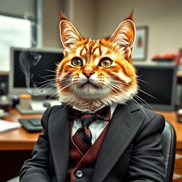 A cat dressed in a suit, exuding a stylish and sophisticated charm, is smoking in an office setting