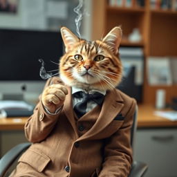 A cat dressed in a suit, exuding a stylish and sophisticated charm, is smoking in an office setting