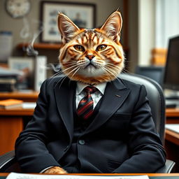 A cat dressed in a suit, exuding a stylish and sophisticated charm, is smoking in an office setting