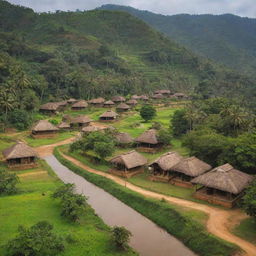 A realistic depiction of the beautiful Sri Lankan village of Sri Valli Pura, complete with its traditional houses, lush green landscapes, local inhabitants, and the unique charm of daily village life.