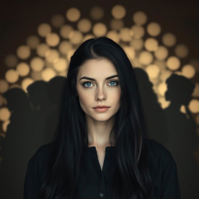 A woman with black hair, pale skin, and blue eyes stands in front