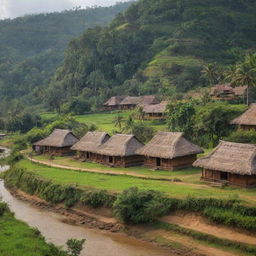 A realistic depiction of the beautiful Sri Lankan village of Sri Valli Pura, complete with its traditional houses, lush green landscapes, local inhabitants, and the unique charm of daily village life.