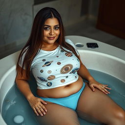 A mature, sexy MILF with long, straight brown hair and Latina features, 38 years old, with very large breasts and a curvy figure with wide hips