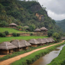 A realistic depiction of the beautiful Sri Lankan village of Sri Valli Pura, complete with its traditional houses, lush green landscapes, local inhabitants, and the unique charm of daily village life.