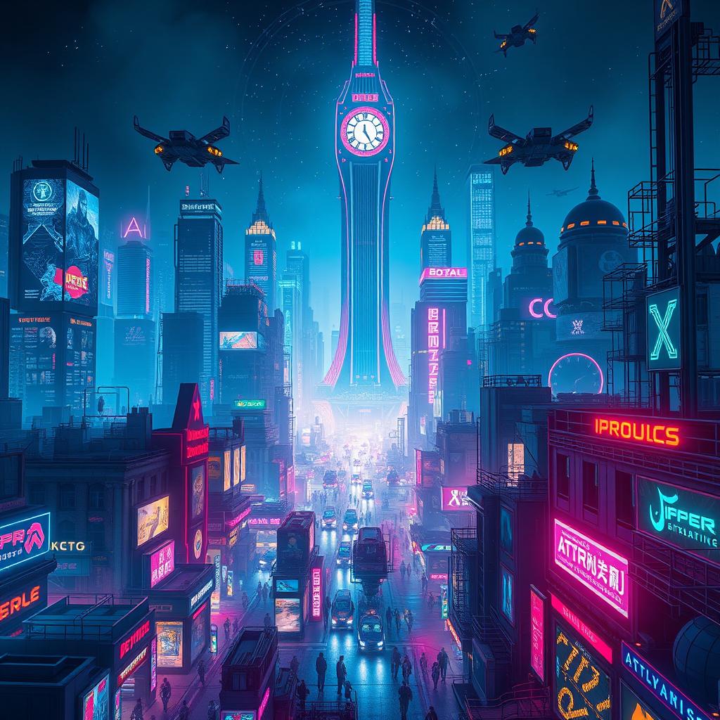 A vibrant cyberpunk cityscape at night, showcasing a sprawling futuristic metropolis illuminated by neon lights