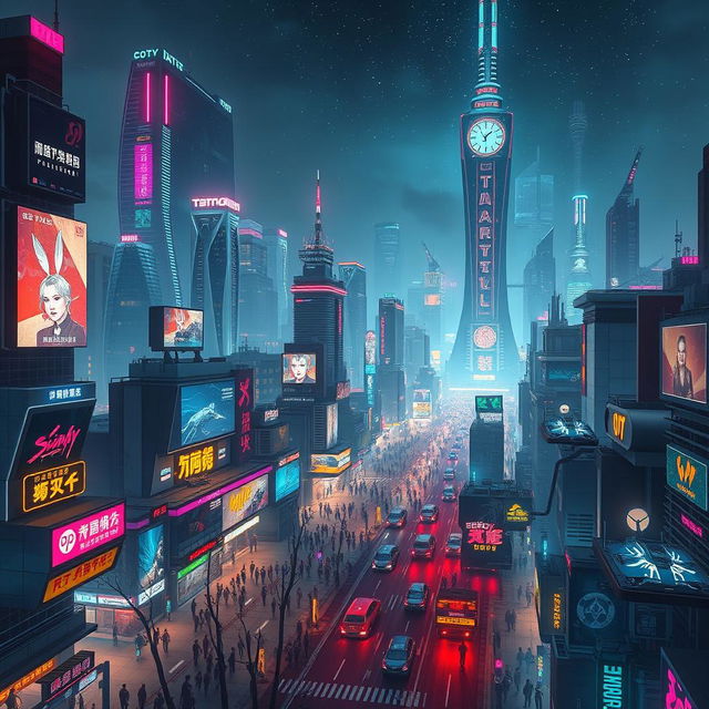 A vibrant cyberpunk cityscape at night, showcasing a sprawling futuristic metropolis illuminated by neon lights