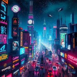 A vibrant cyberpunk cityscape at night, showcasing a sprawling futuristic metropolis illuminated by neon lights