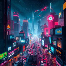 A vibrant cyberpunk cityscape at night, showcasing a sprawling futuristic metropolis illuminated by neon lights