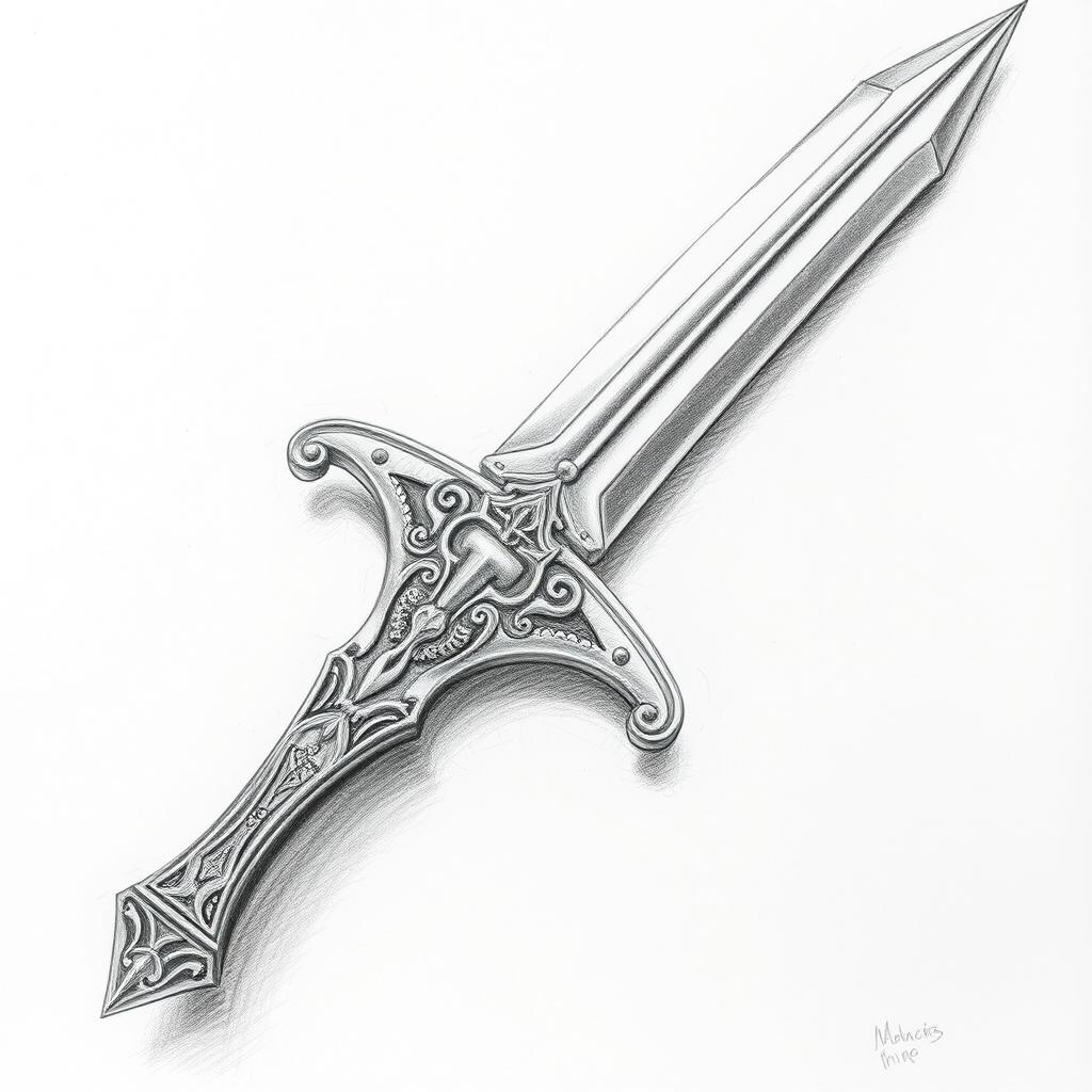 A detailed drawing of an intricate sword, expertly sketched using pencil