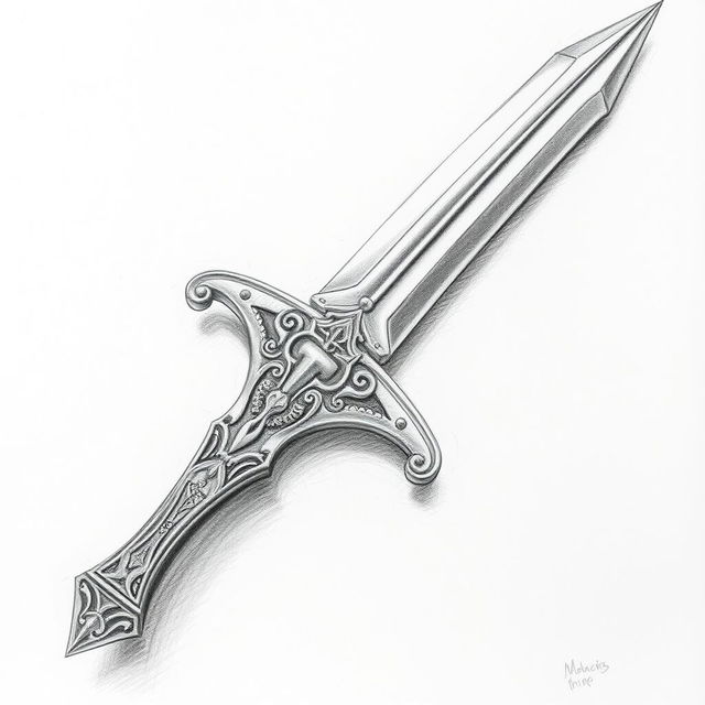 A detailed drawing of an intricate sword, expertly sketched using pencil