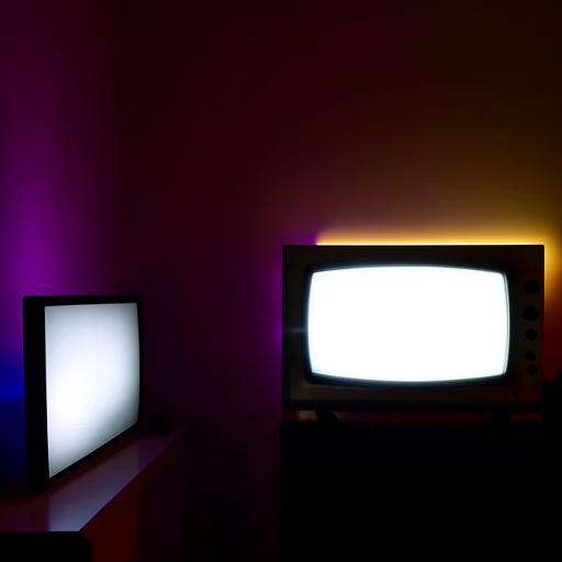 A modern television on the left in a dimly lit room and a sleek mobile phone on the right side bathed in soft, suitable light.