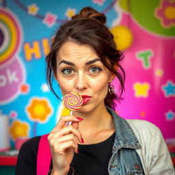 a woman with a playful, mischievous expression, holding a lollipop with her lips, colorful and whimsical background, playful vibe, casual attire, vibrant colors