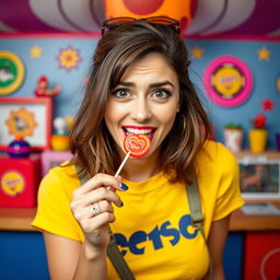 a woman with a playful, mischievous expression, holding a lollipop with her lips, colorful and whimsical background, playful vibe, casual attire, vibrant colors