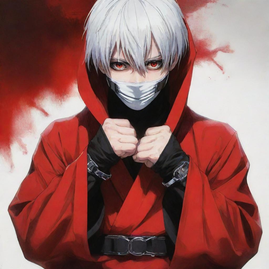 Anime art of Kaneki from Tokyo Ghoul, dressed in a vivid red robe, gripping handcuffs.