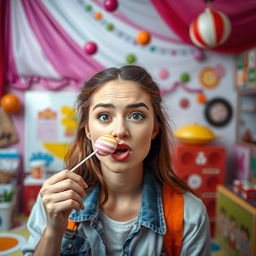 a woman with a playful, mischievous expression, holding a lollipop with her lips, colorful and whimsical background, playful vibe, casual attire, vibrant colors