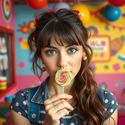 a woman with a playful, mischievous expression, holding a lollipop with her lips, colorful and whimsical background, playful vibe, casual attire, vibrant colors