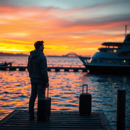 A contemplative scene of a person standing on a dock, gazing at a ship on the horizon, symbolizing the journey and hope associated with emigration