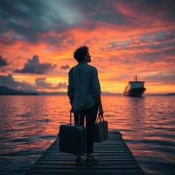 A contemplative scene of a person standing on a dock, gazing at a ship on the horizon, symbolizing the journey and hope associated with emigration