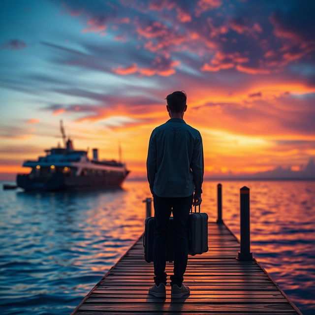 A contemplative scene of a person standing on a dock, gazing at a ship on the horizon, symbolizing the journey and hope associated with emigration