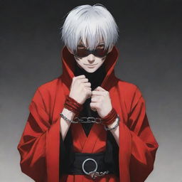 Anime art of Kaneki from Tokyo Ghoul, dressed in a vivid red robe, gripping handcuffs.