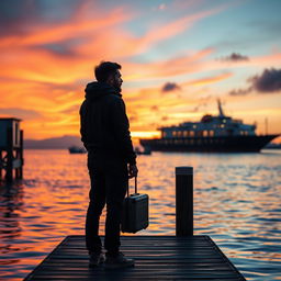 A contemplative scene of a person standing on a dock, gazing at a ship on the horizon, symbolizing the journey and hope associated with emigration