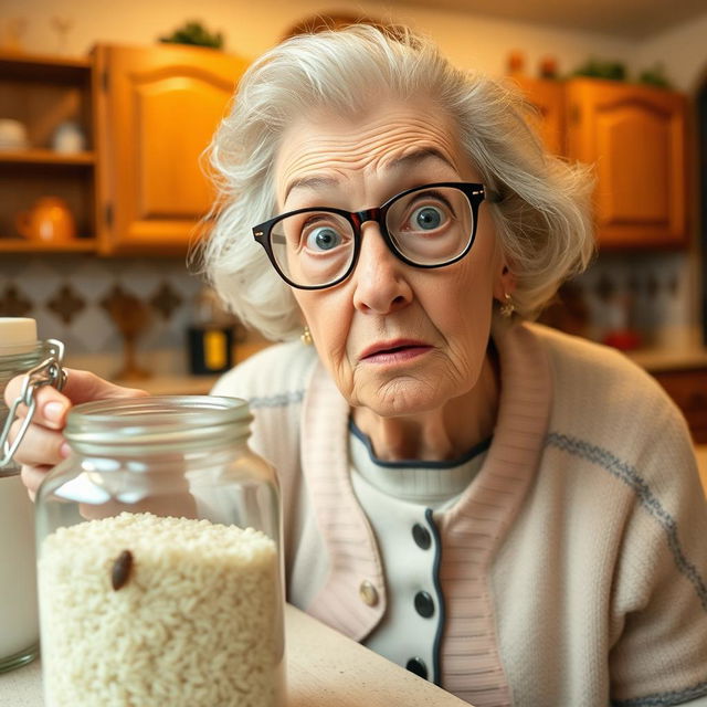 An elderly woman in a kitchen, expressing surprise as she discovers a tiny bug in a bag of rice on the counter