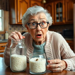 An elderly woman in a kitchen, expressing surprise as she discovers a tiny bug in a bag of rice on the counter