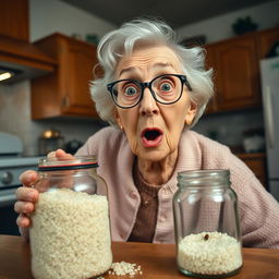 An elderly woman in a kitchen, expressing surprise as she discovers a tiny bug in a bag of rice on the counter