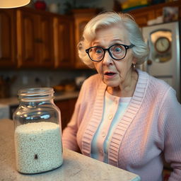 An elderly woman in a kitchen, expressing surprise as she discovers a tiny bug in a bag of rice on the counter