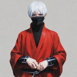 Anime art of Kaneki from Tokyo Ghoul, dressed in a vivid red robe, gripping handcuffs.