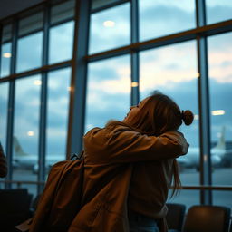 emotional farewell at an airport, a couple embracing tightly, a sense of longing and hope, airplanes visible through large windows, evening light casting warm hues, expressions of mixed emotions