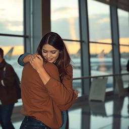 emotional farewell at an airport, a couple embracing tightly, a sense of longing and hope, airplanes visible through large windows, evening light casting warm hues, expressions of mixed emotions