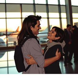 emotional farewell at an airport, a couple embracing tightly, a sense of longing and hope, airplanes visible through large windows, evening light casting warm hues, expressions of mixed emotions