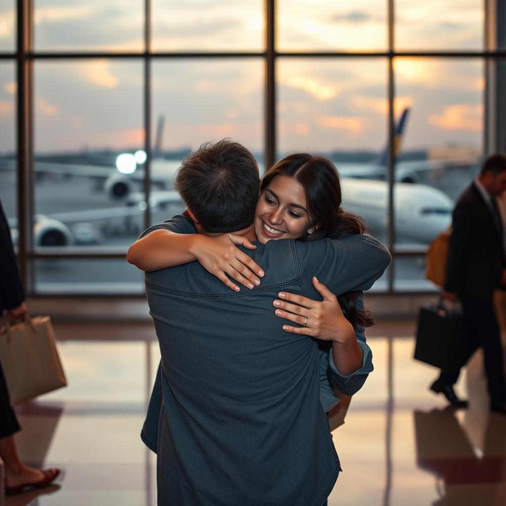 emotional farewell at an airport, a couple embracing tightly, a sense of longing and hope, airplanes visible through large windows, evening light casting warm hues, expressions of mixed emotions