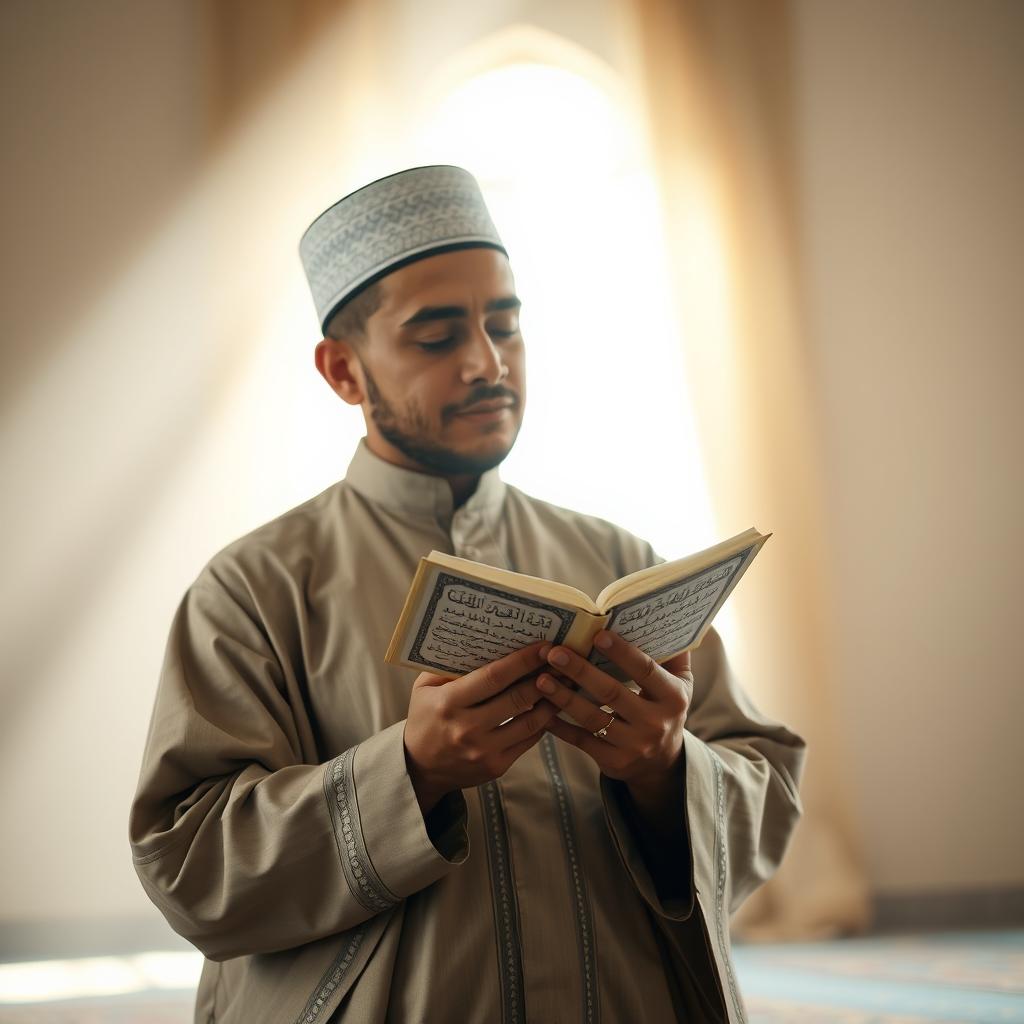 A person reciting the Quran while wearing traditional Islamic dress and an Islamic cap