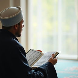 A person reciting the Quran while wearing traditional Islamic dress and an Islamic cap