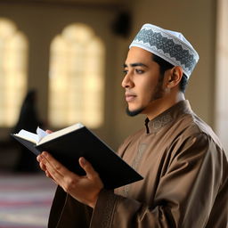 A person reciting the Quran while wearing traditional Islamic dress and an Islamic cap