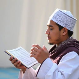 A person reciting the Quran while wearing traditional Islamic dress and an Islamic cap