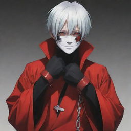 Anime art of Kaneki from Tokyo Ghoul, dressed in a vivid red robe, gripping handcuffs.