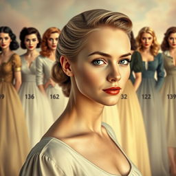 A beautiful, slender white woman with a 1940s style, featuring blue eyes, standing prominently in the foreground