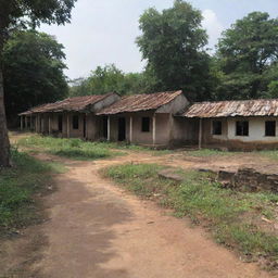 A somber scenario of the once vibrant Sri Valli Pura village experiencing a downfall due to the growing discord among the Tamil, Sinhala, Muslim, and Christian inhabitants, depicted by signs of neglect and decay in the village environment.