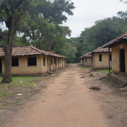 A somber scenario of the once vibrant Sri Valli Pura village experiencing a downfall due to the growing discord among the Tamil, Sinhala, Muslim, and Christian inhabitants, depicted by signs of neglect and decay in the village environment.