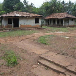 A somber scenario of the once vibrant Sri Valli Pura village experiencing a downfall due to the growing discord among the Tamil, Sinhala, Muslim, and Christian inhabitants, depicted by signs of neglect and decay in the village environment.