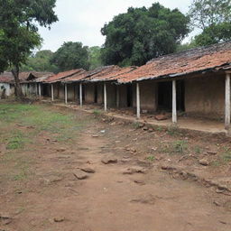 A somber scenario of the once vibrant Sri Valli Pura village experiencing a downfall due to the growing discord among the Tamil, Sinhala, Muslim, and Christian inhabitants, depicted by signs of neglect and decay in the village environment.