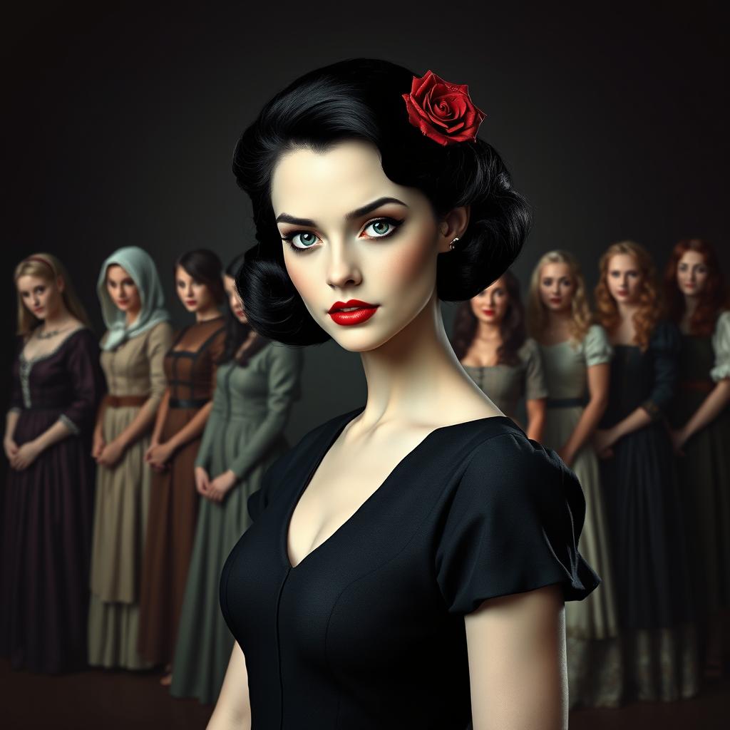 A beautiful, slender white woman with a 1940s style, featuring black hair, blue eyes, adorned with a black and red rose in her hair