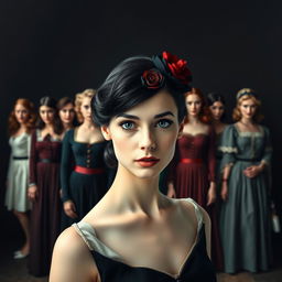 A beautiful, slender white woman with a 1940s style, featuring black hair, blue eyes, adorned with a black and red rose in her hair